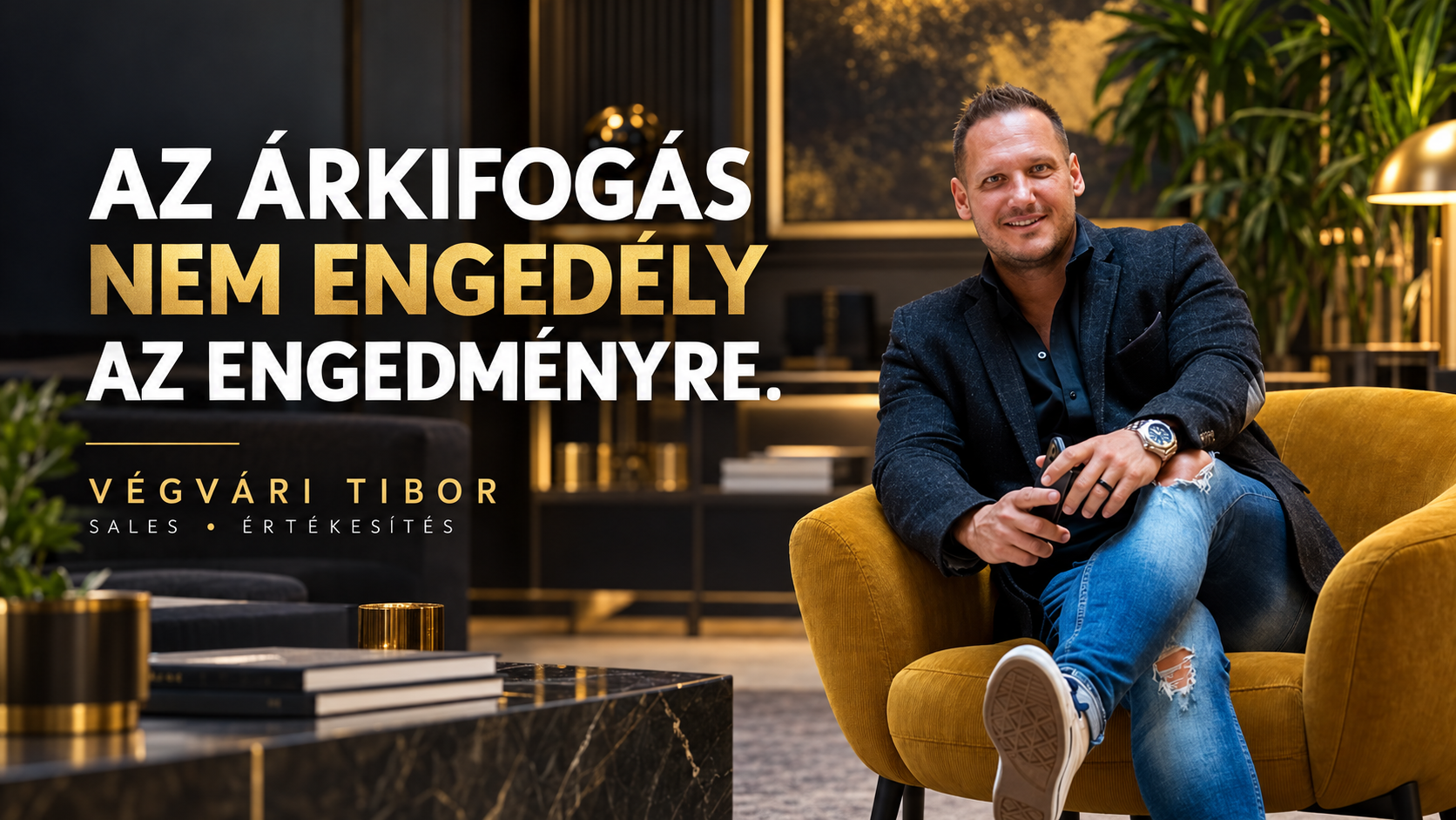 Végvári Tibor sárga fotelben ül egy üzleti környezetet idéző generált plakáton; felirat: Az árkifogás nem engedély az engedményre.