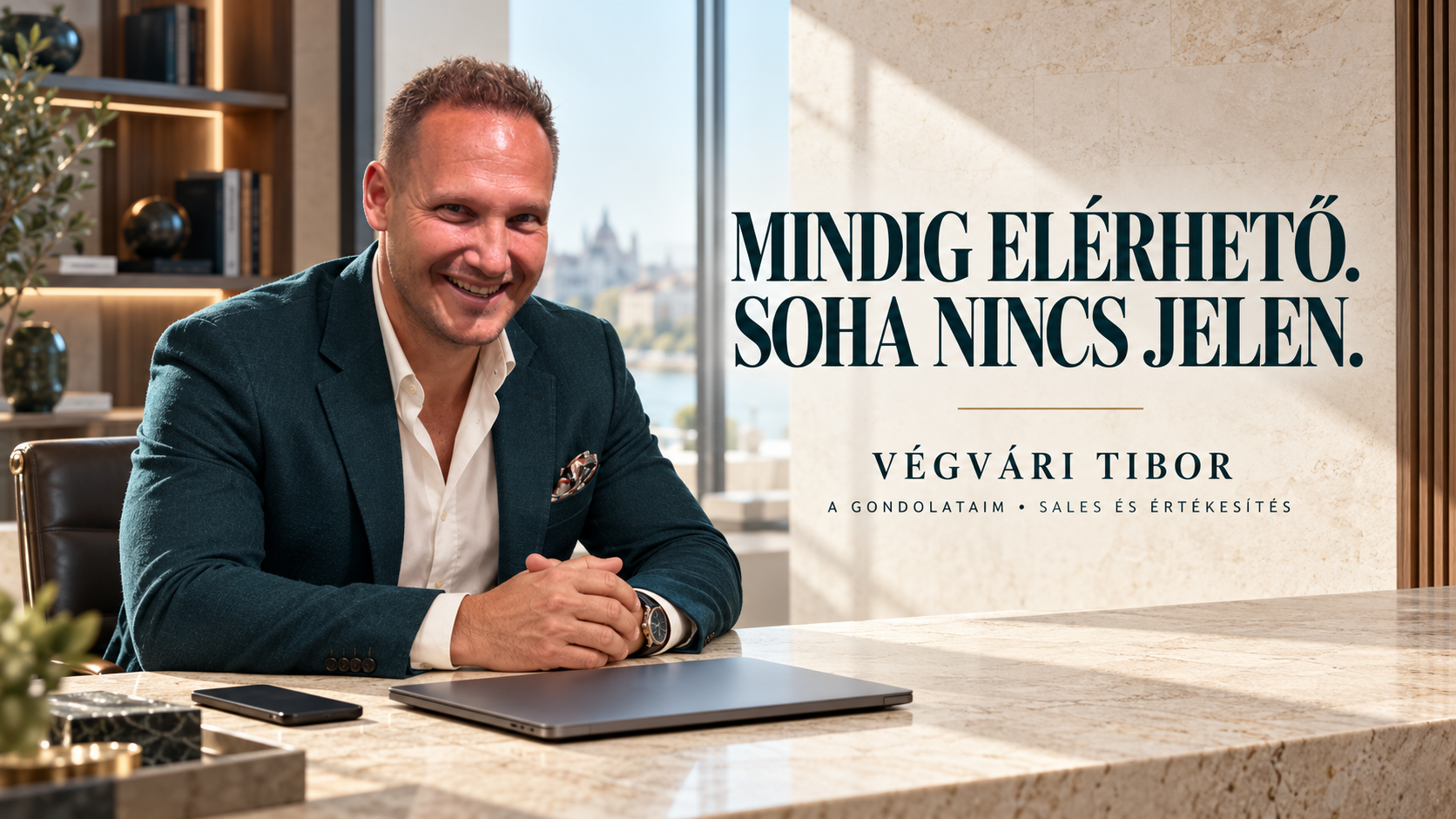 Végvári Tibor világos dolgozószobában, generált plakátillusztráción; felirat: Mindig elérhető. Soha nincs jelen.