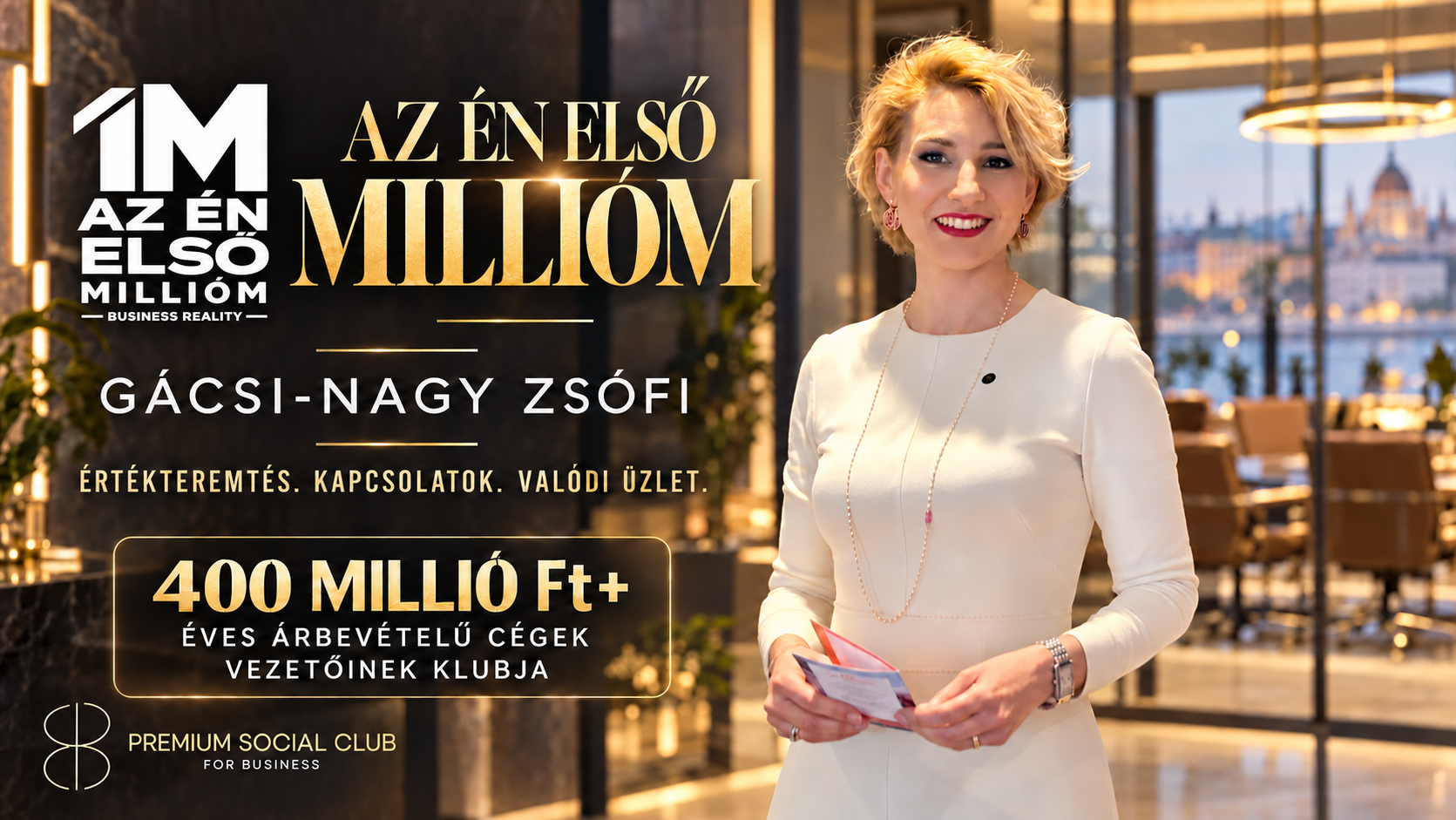 Gácsi-Nagy Zsófi egy elegáns üzleti klubban – Végvári Tibor Az én első millióm című sales és értékesítés témájú műsorának plakátillusztrációja.