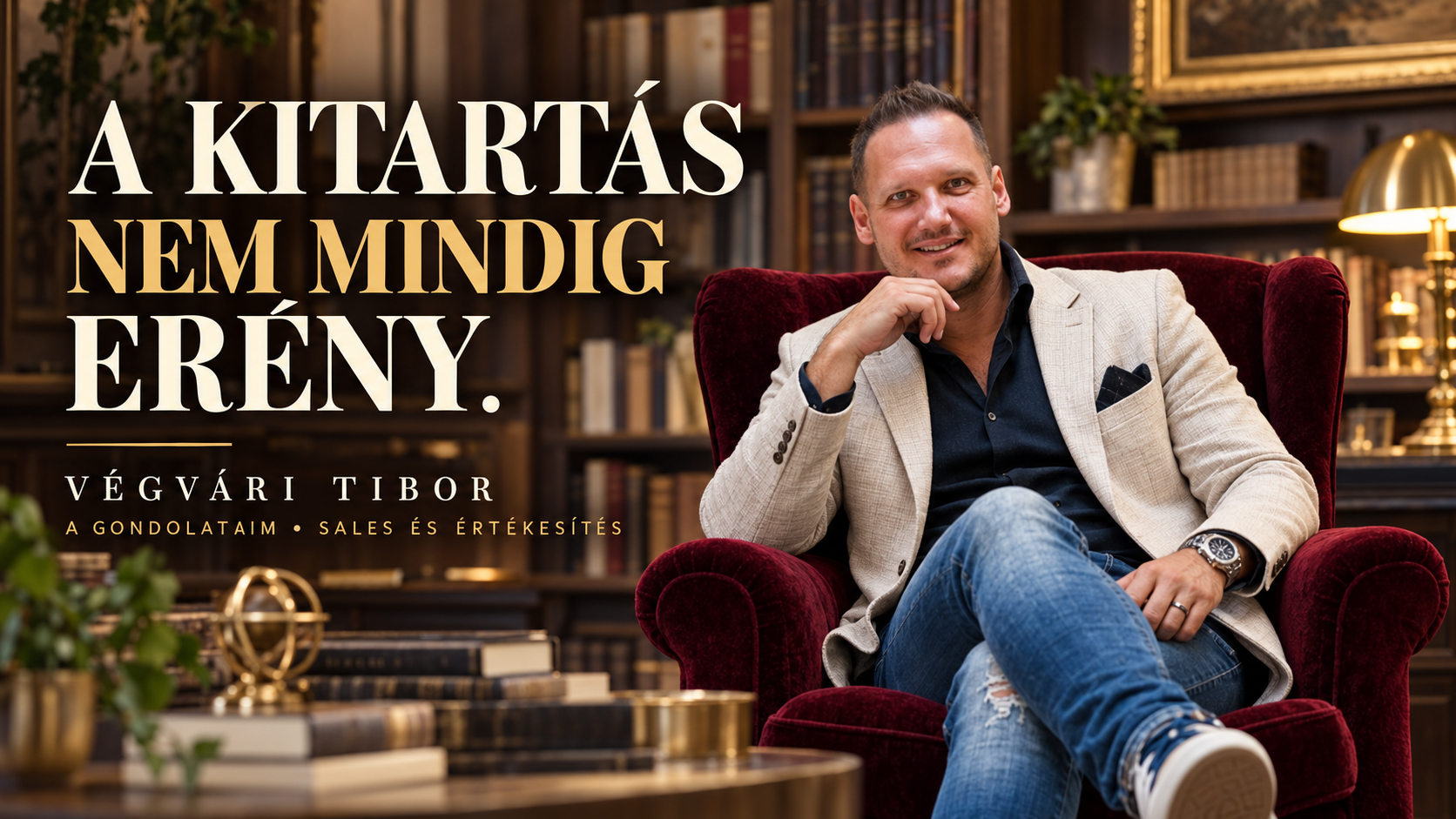 Végvári Tibor könyvtárszobában, generált plakátillusztráción; felirat: A kitartás nem mindig erény.