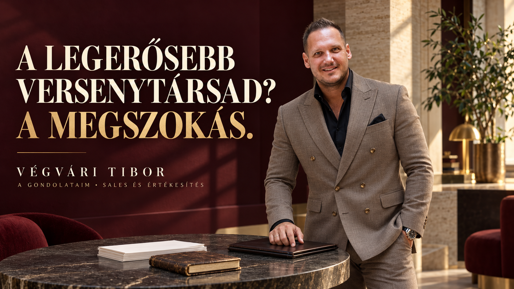 Végvári Tibor elegáns üzleti társalgóban, generált plakátillusztráción; felirat: A legerősebb versenytársad? A megszokás.