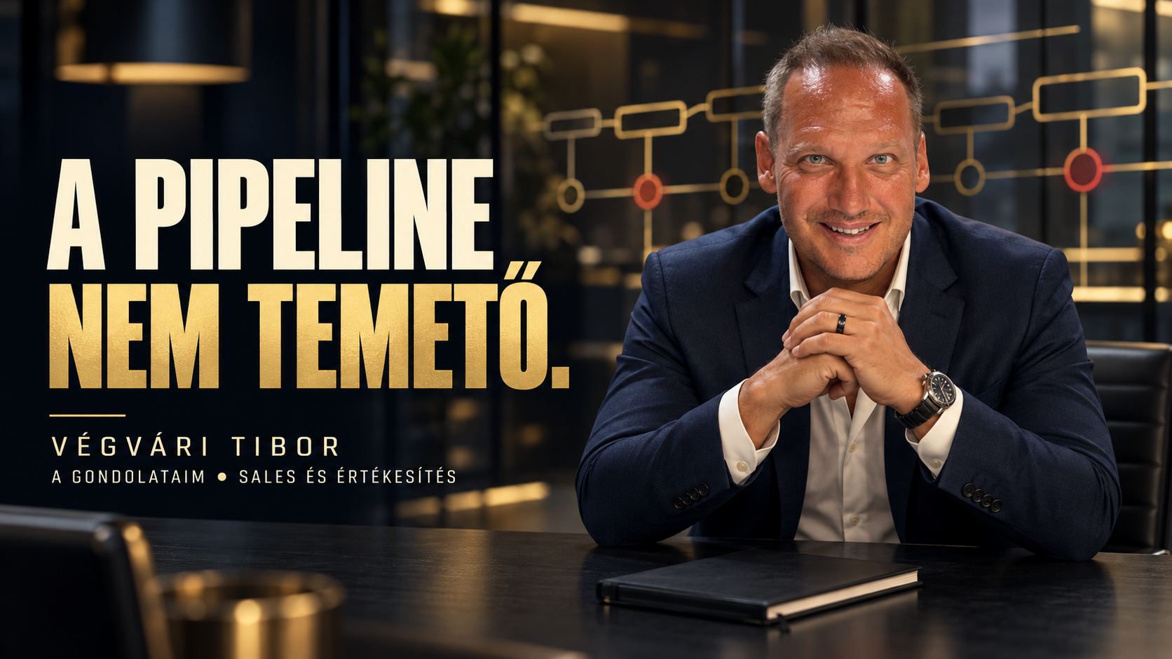 Végvári Tibor egy elegáns sales war-roomban, generált plakátillusztráción; felirat: A pipeline nem temető.